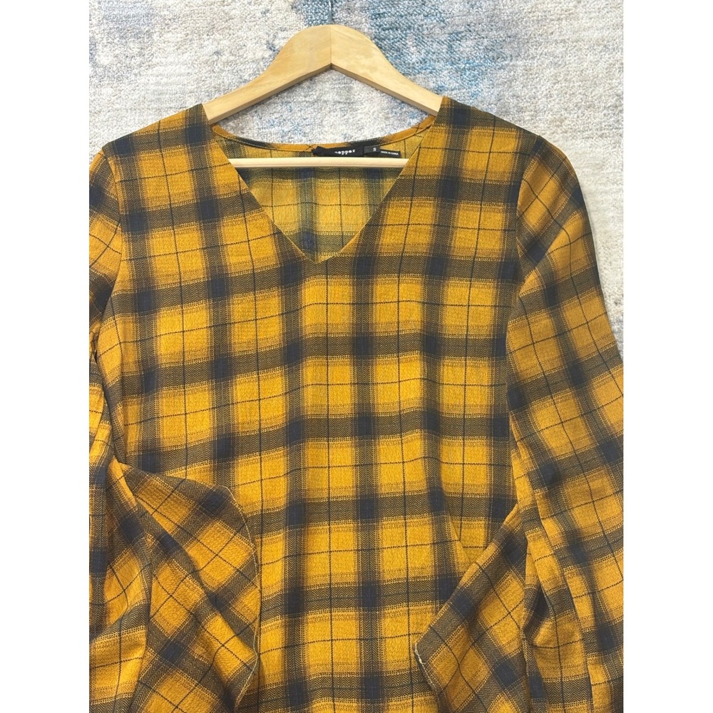 Blu Pepper Mustard Yellow Black Plaid Ruffle Sleeve V-Neck Blouse Small